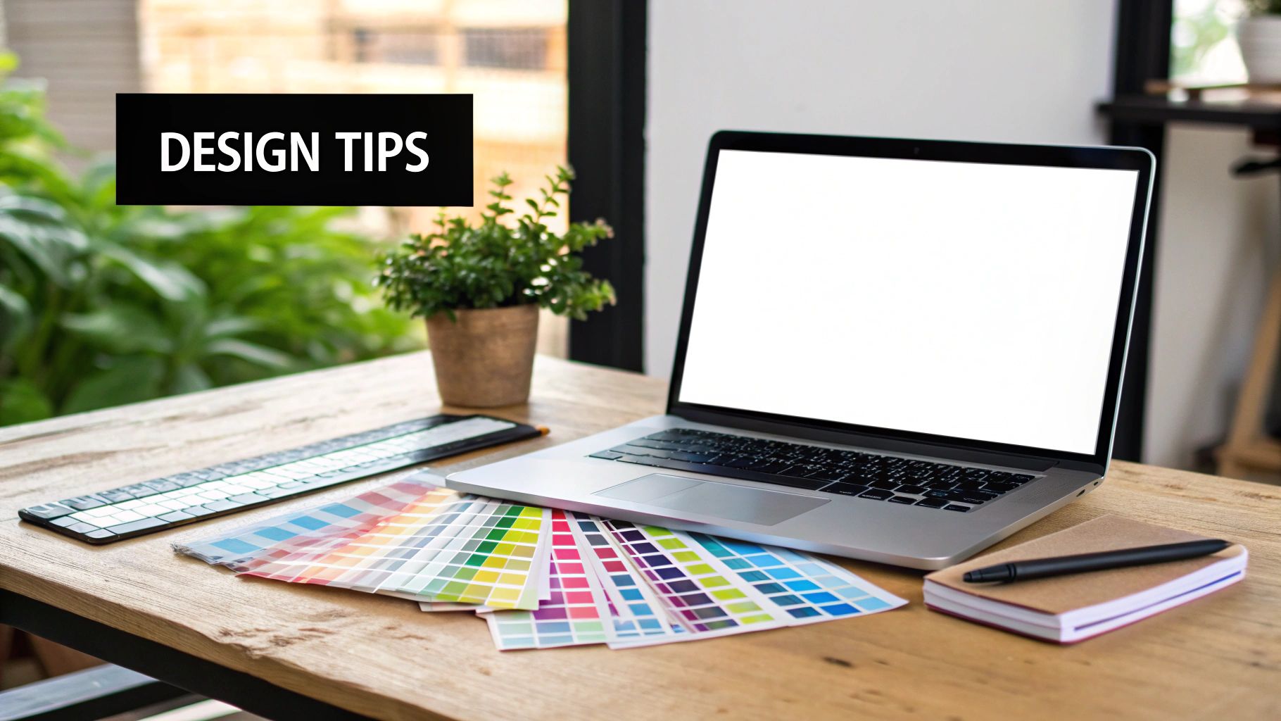 A modern design workspace with a laptop, color swatches, ruler, notebook, and plant on a wooden desk, with 'DESIGN TIPS' text overlay.