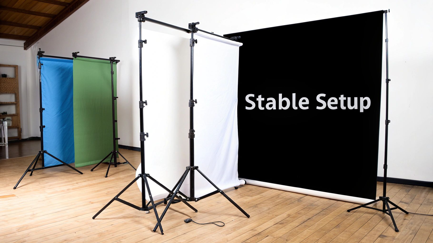 Multiple photography backdrops on adjustable stands, featuring blue, green, white, and a black backdrop with 'Stable Setup' text.