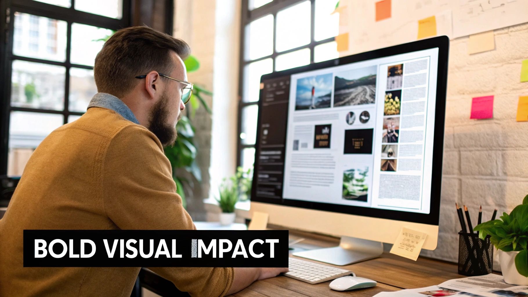 A man in a brown sweater and glasses works on a desktop computer, displaying a creative web design layout.
