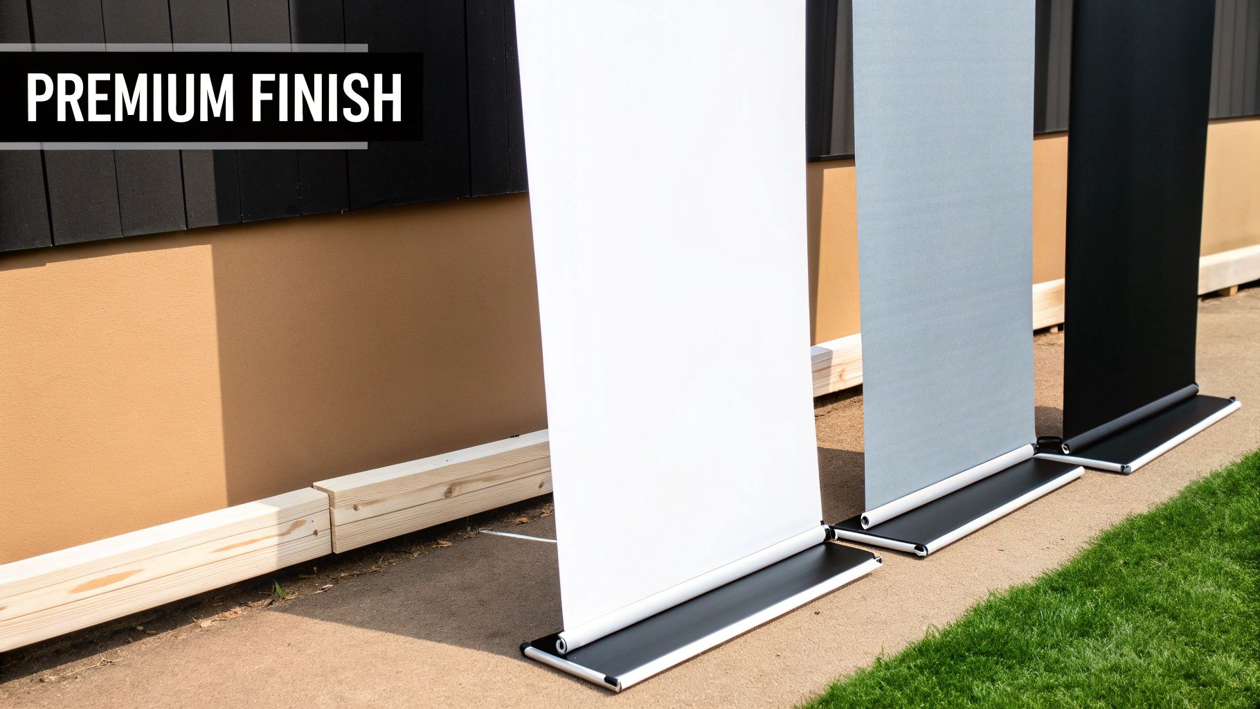 Three modern pull-up banners in white, grey, and black with premium finish, outdoors.