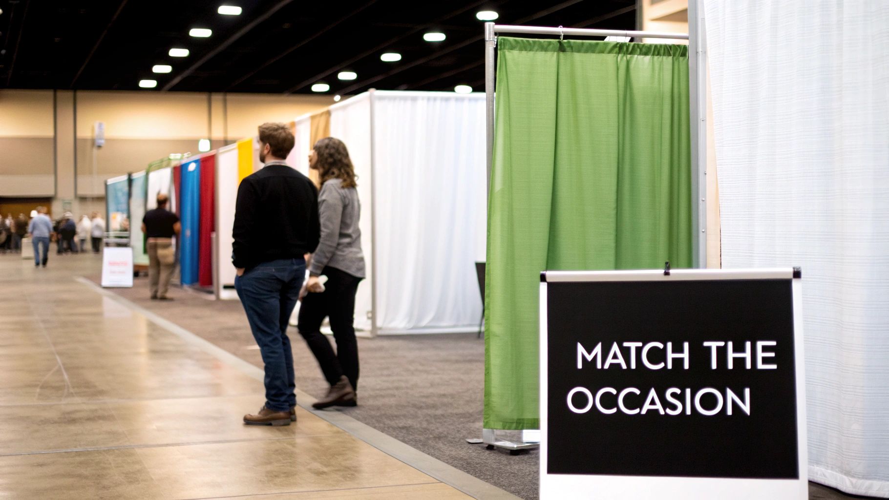 Attendees walk through a large indoor event space featuring colorful curtained booths and a prominent 'MATCH THE OCCASION' sign.