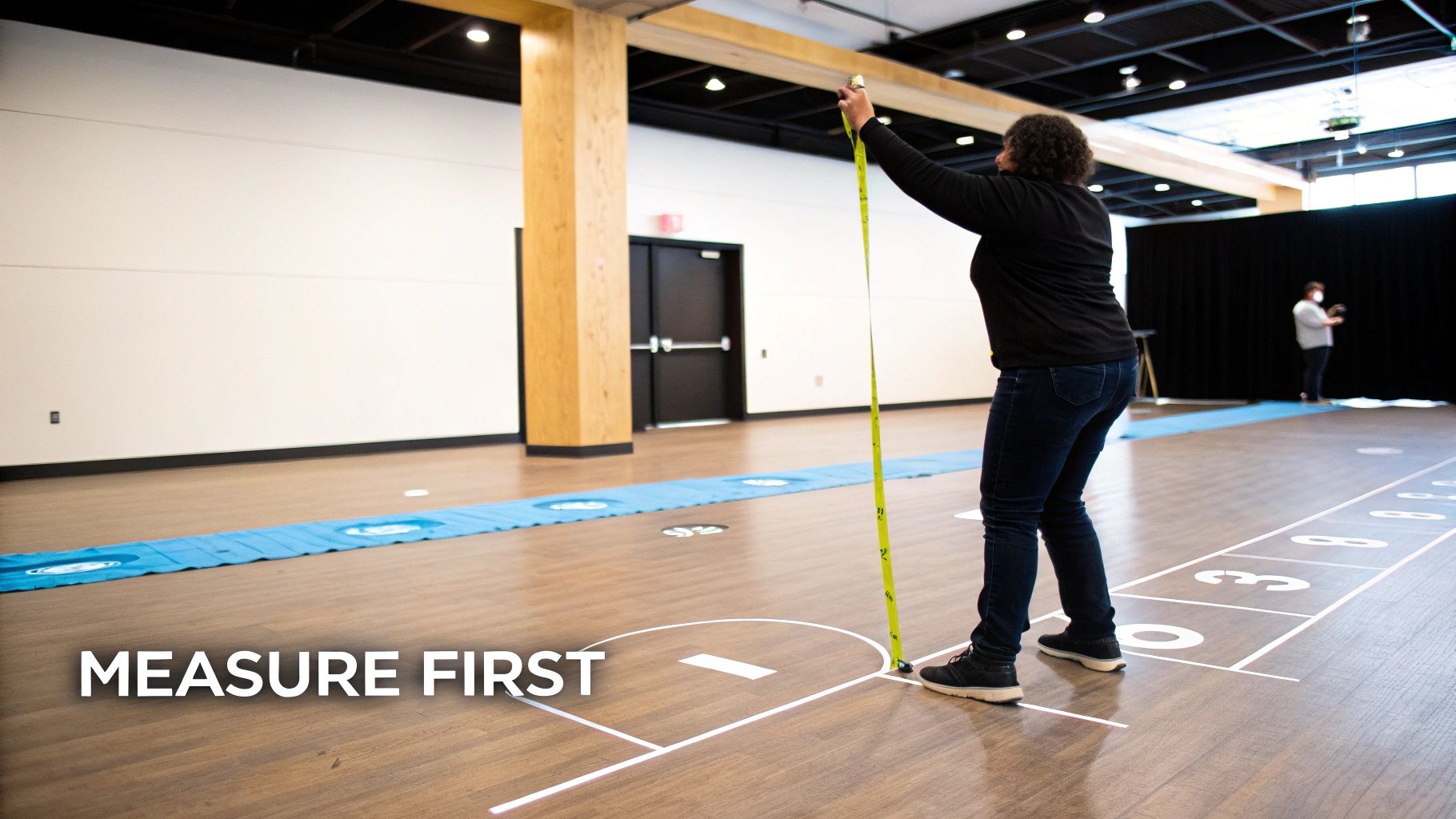 A person measures height with a long yellow tape measure in a large empty room.