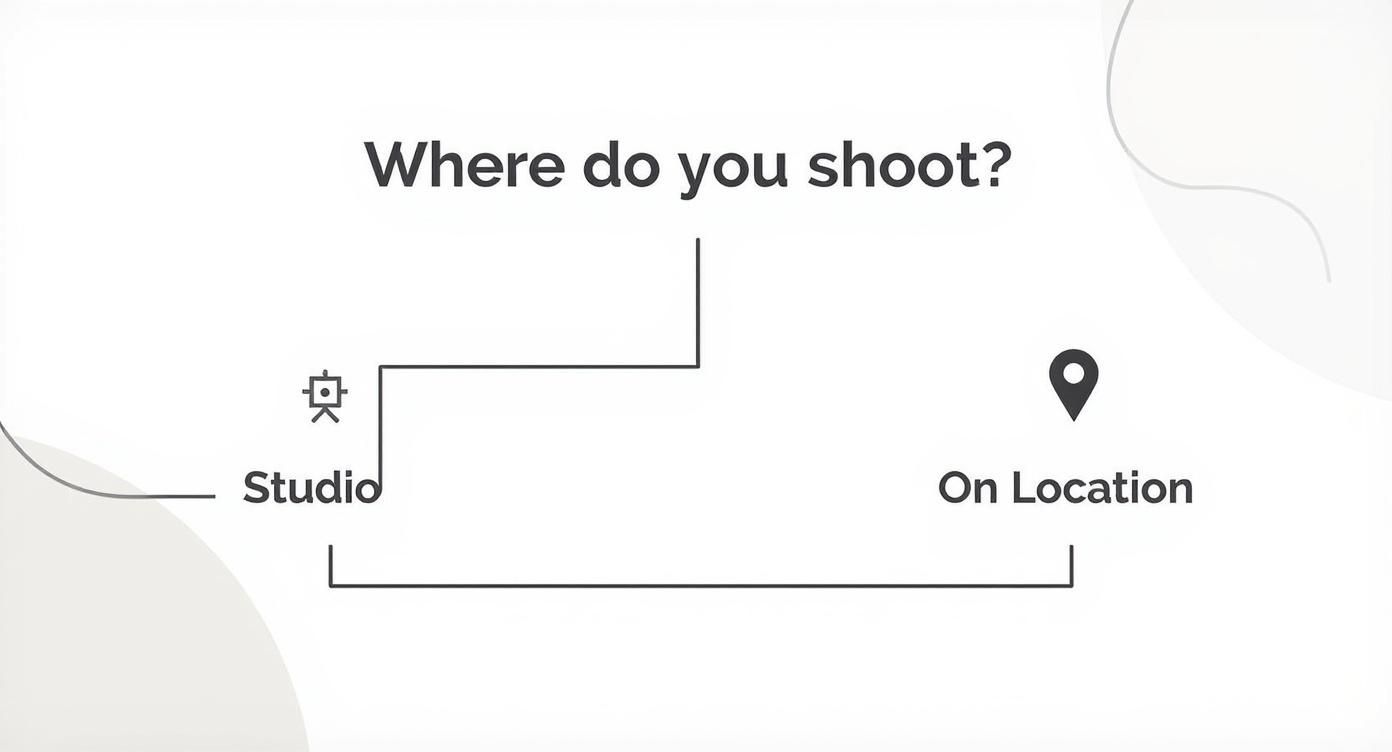 A graphic asking 'Where do you shoot?' with options 'Studio' and 'On Location'.