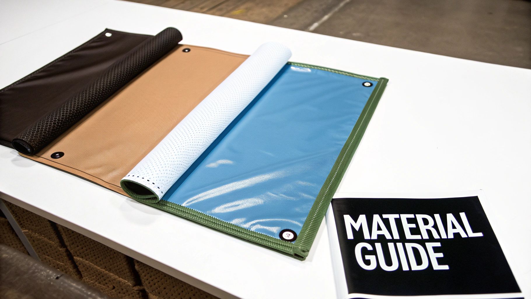 Various rolled material samples in brown, tan, and blue, displayed with a 'Material Guide' booklet.