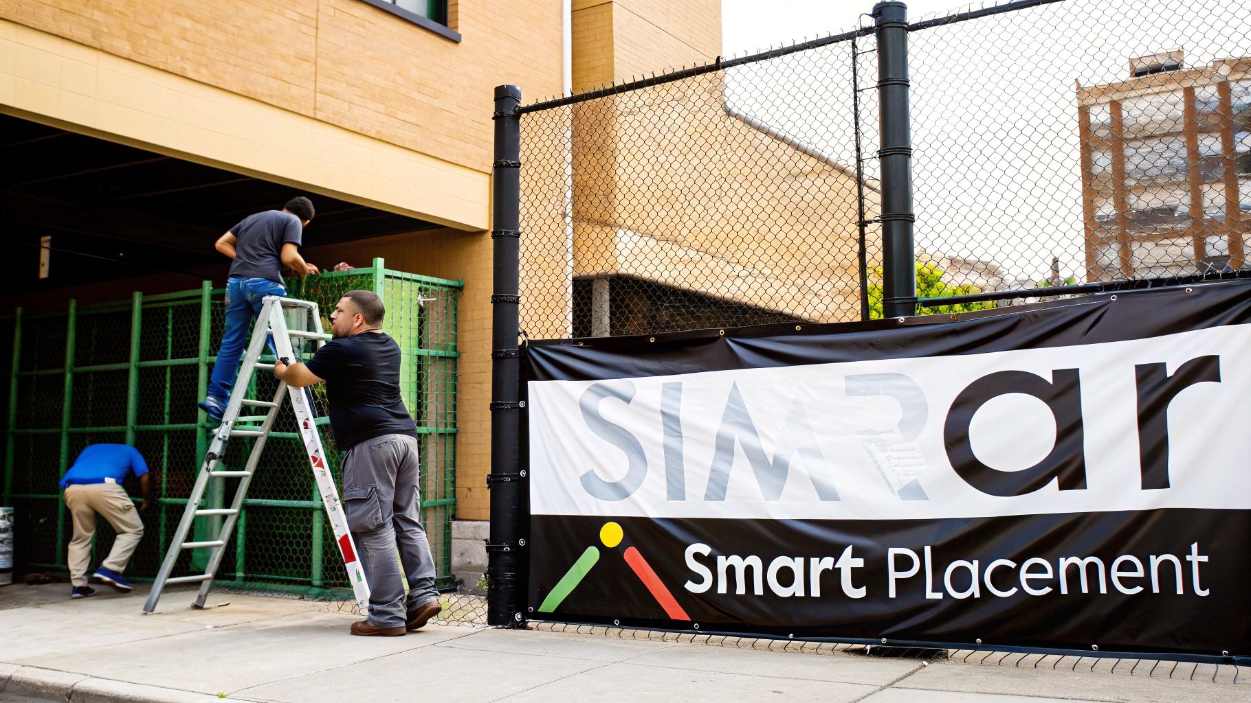 Three men installing a 'SIMILAR Smart Placement' banner on a chain-link fence.