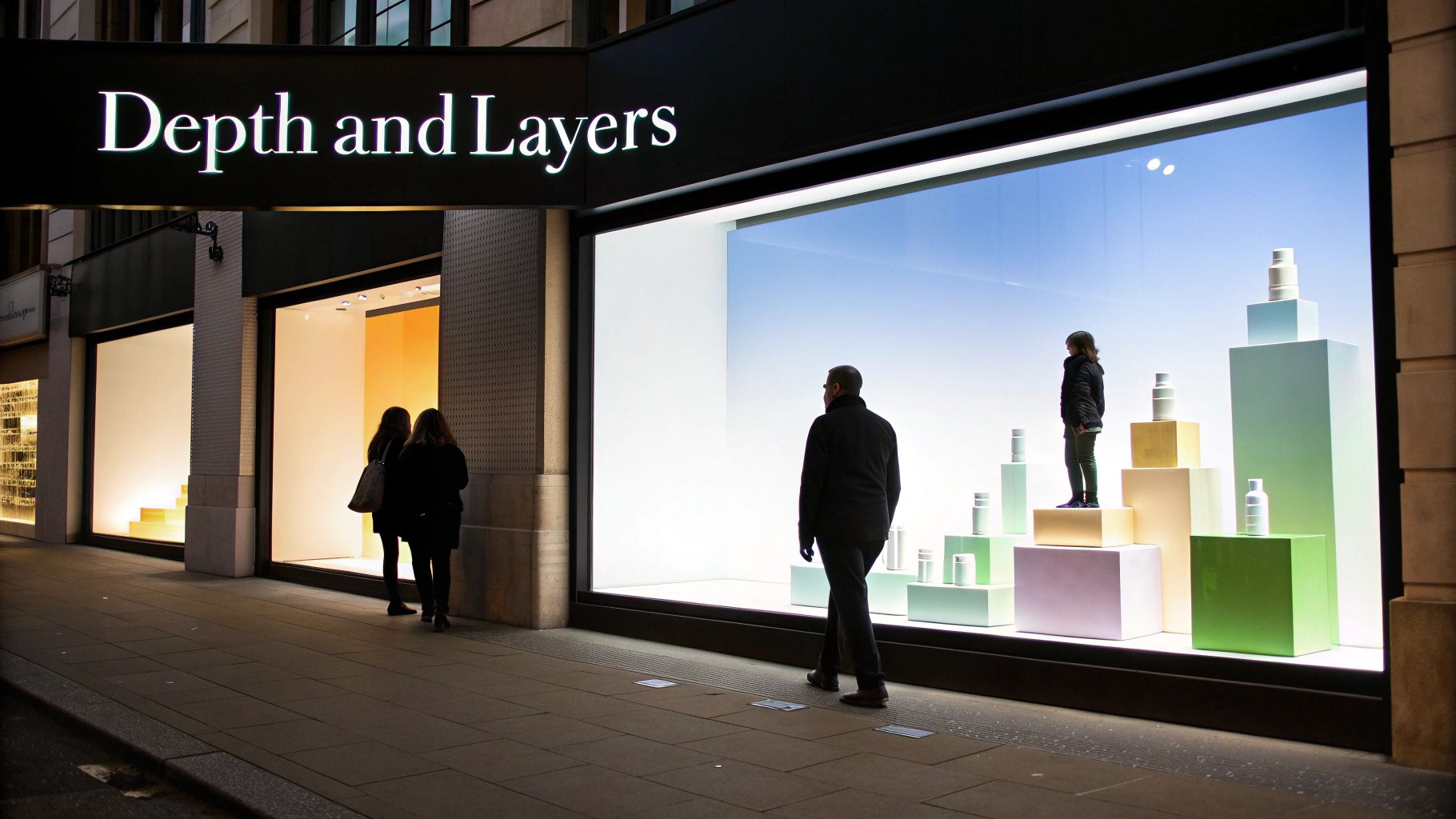 People on a sidewalk view modern storefront window displays with abstract art and colored blocks.