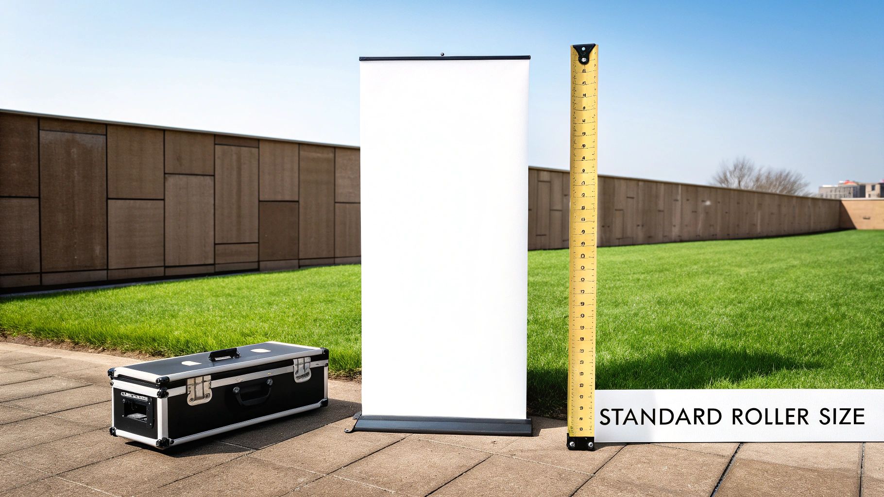 A blank white roller banner stands outdoors next to a tall yellow measuring stick.