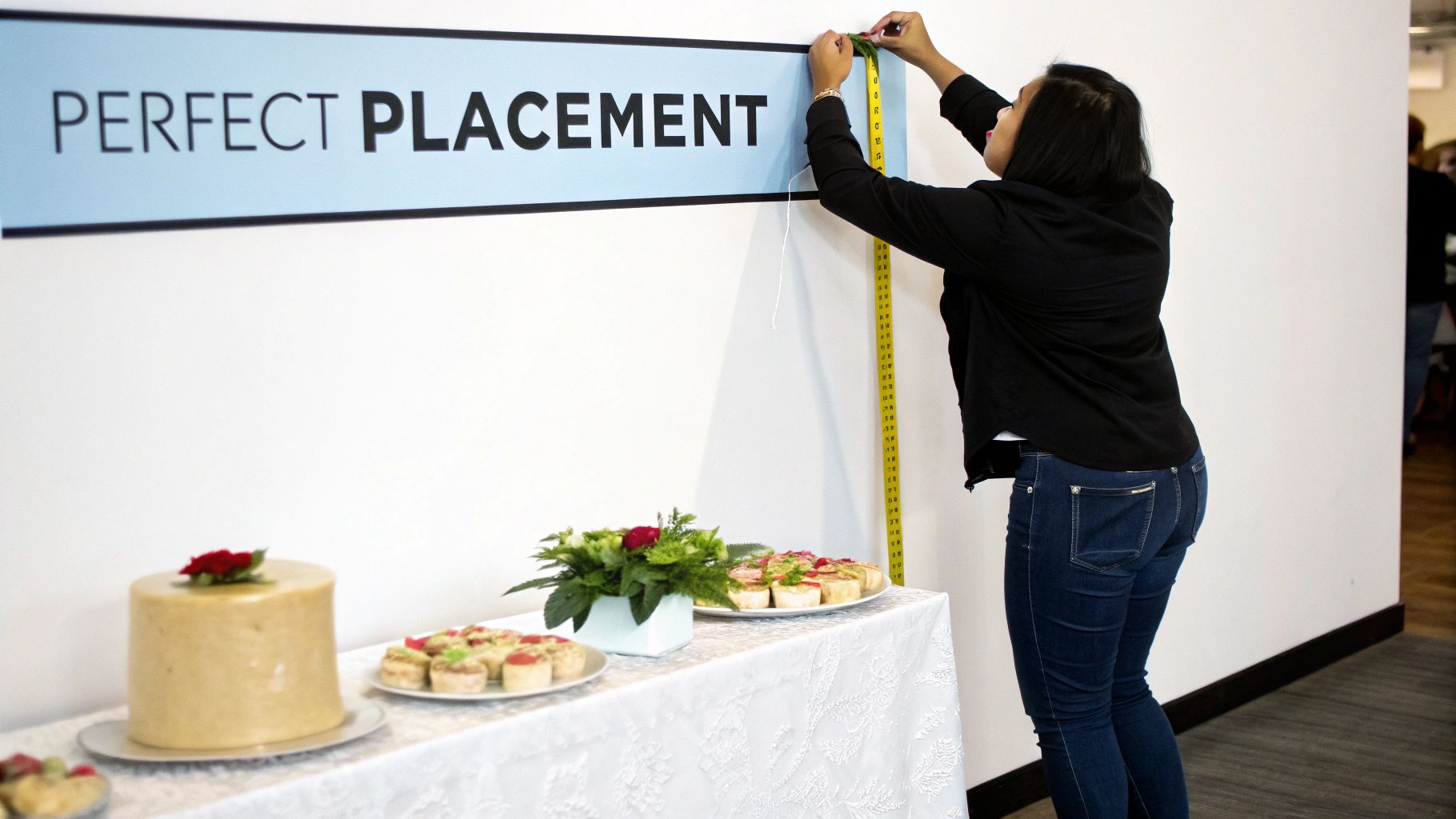 A woman meticulously measures a "PERFECT PLACEMENT" banner above a dessert table for an event.