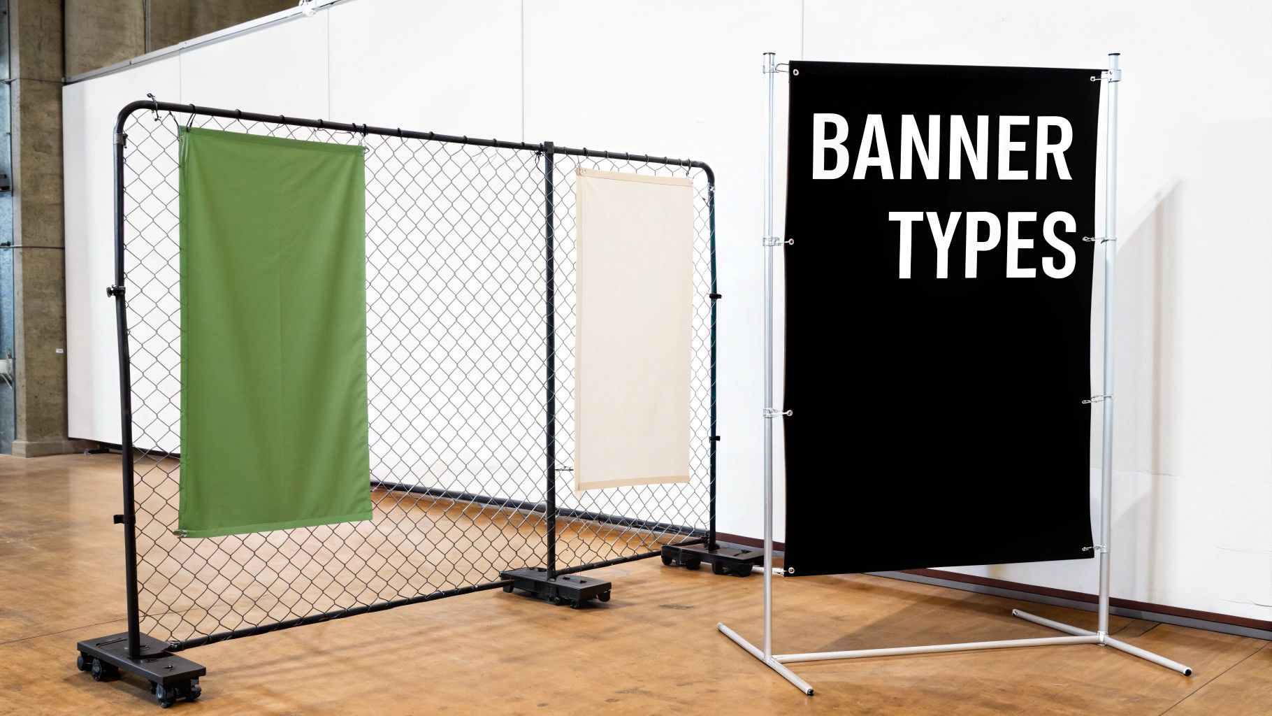 Three types of banners displayed: green, beige on a chain-link fence, and a black banner with 'BANNER TYPES' text.