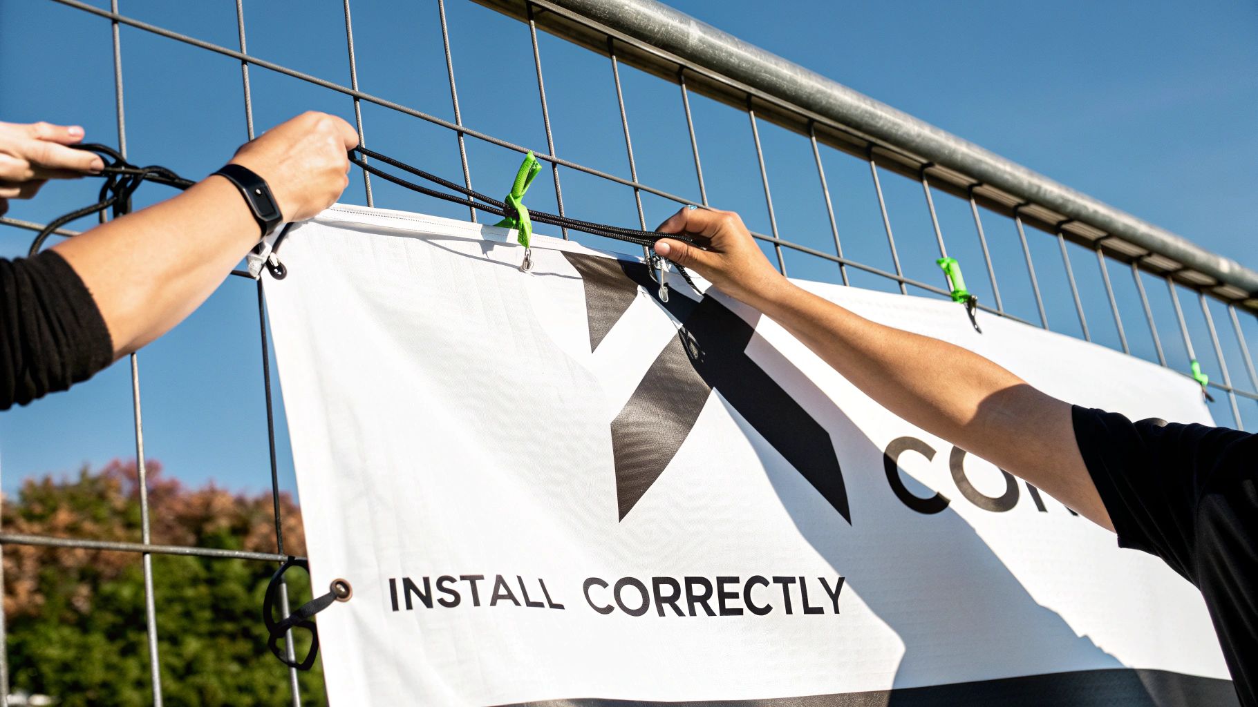 Two pairs of hands secure a white banner reading 'INSTALL CORRECTLY' onto a metal fence.