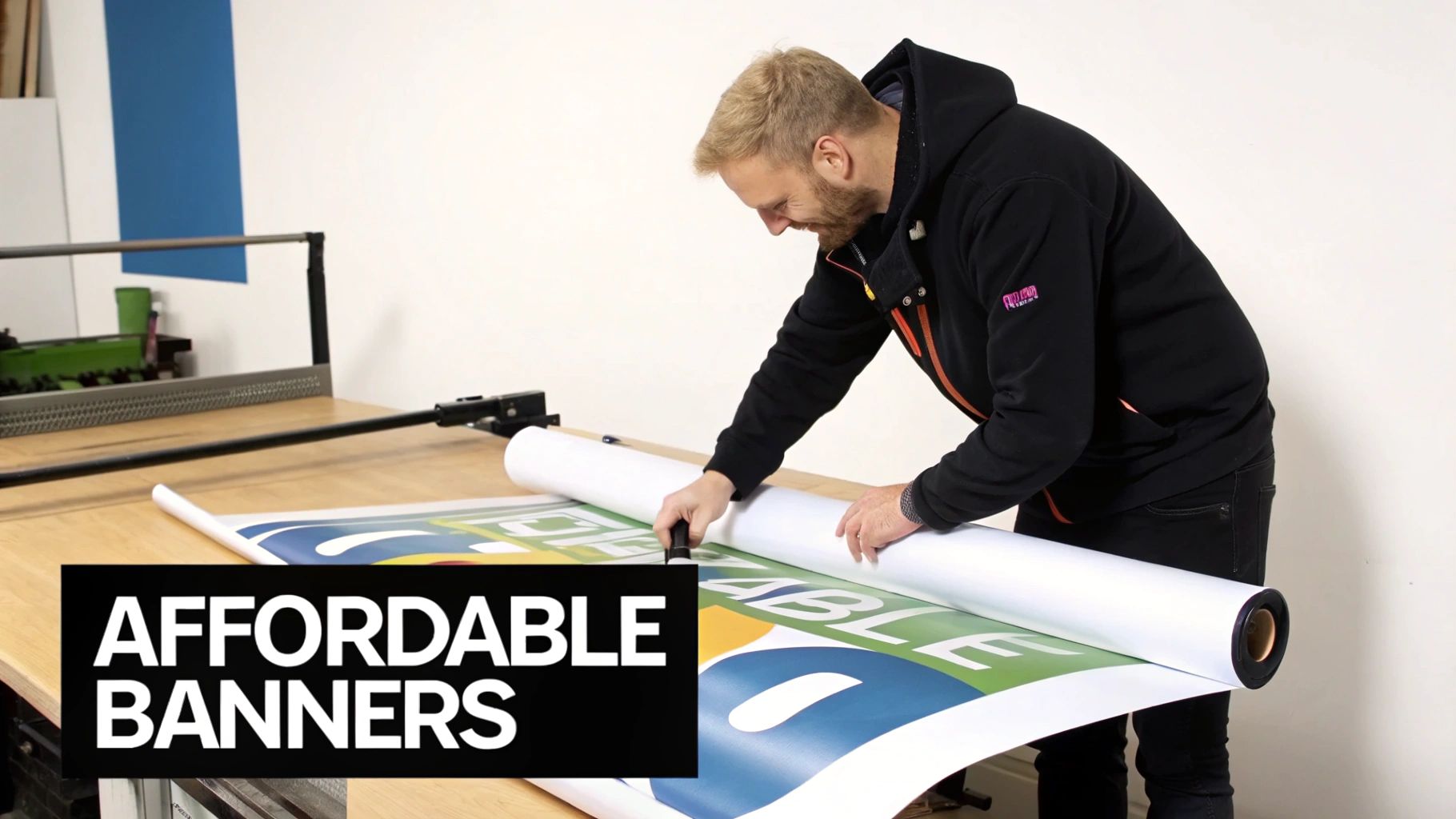 A man unrolls a large, colorful printed banner on a wooden table in a printing workshop.
