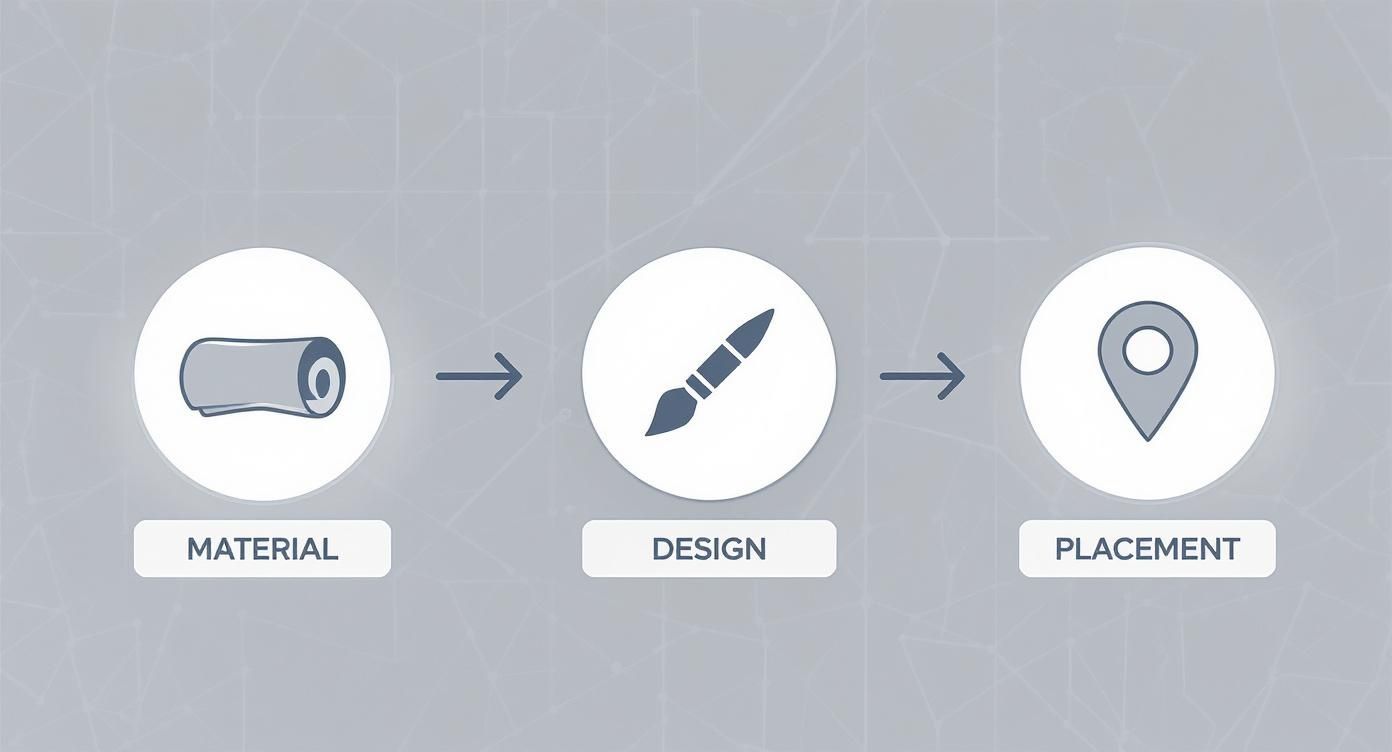 A three-step graphic illustrating the process of Material, Design, and Placement with corresponding icons.