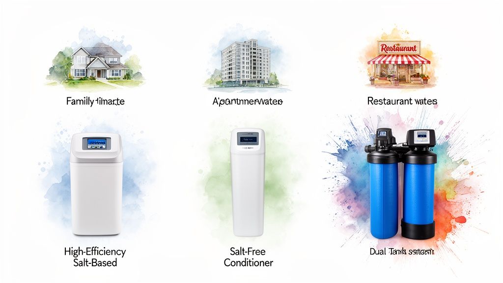 Various water treatment systems for homes, apartments, and restaurants, including salt-based, salt-free, and dual tank options.