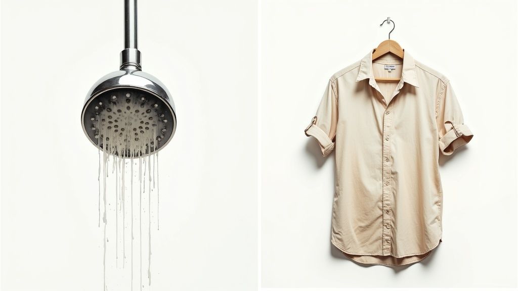 A shower head with white mineral streaks from water, next to a beige button-up shirt on a hanger.