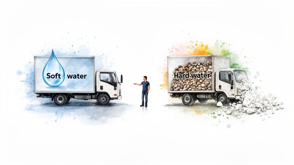 A man stands between two trucks illustrating soft water with a droplet and hard water spilling mineral deposits.
