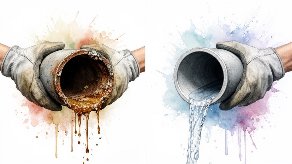 Comparison of gloved hands holding a dirty, corroded pipe with sludge and a clean pipe with clear water.