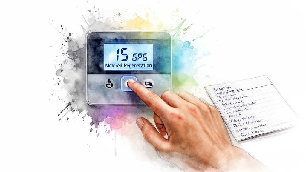 Hand pressing button on water softener control panel displaying '15 GPG Metered Regeneration'.