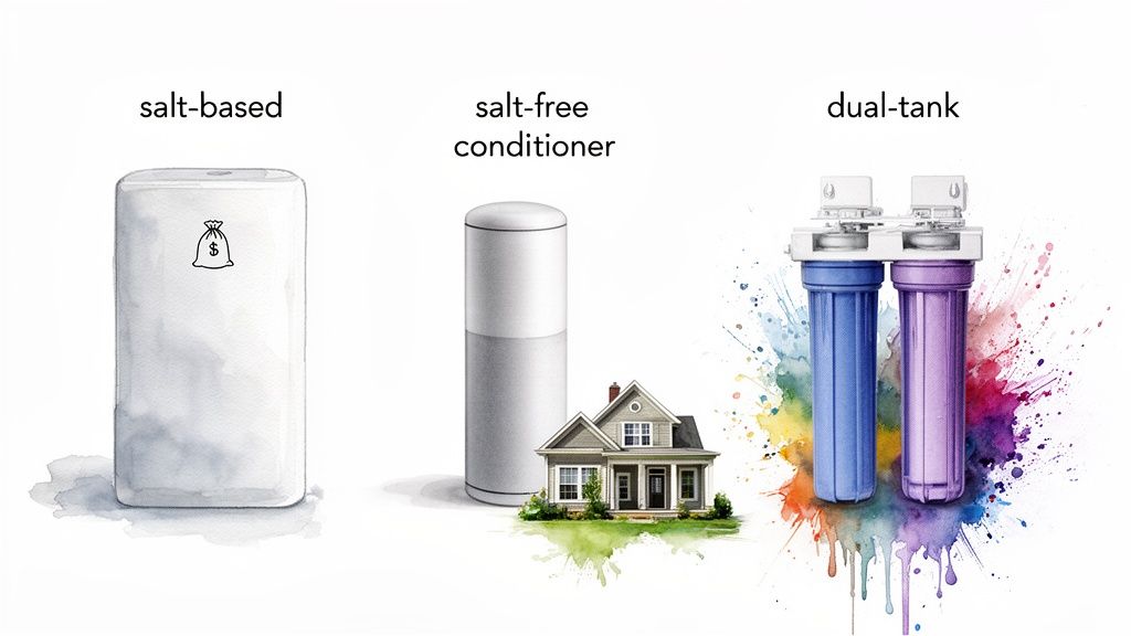 Illustrations of three common types of water softeners: salt-based, salt-free, and dual-tank systems.