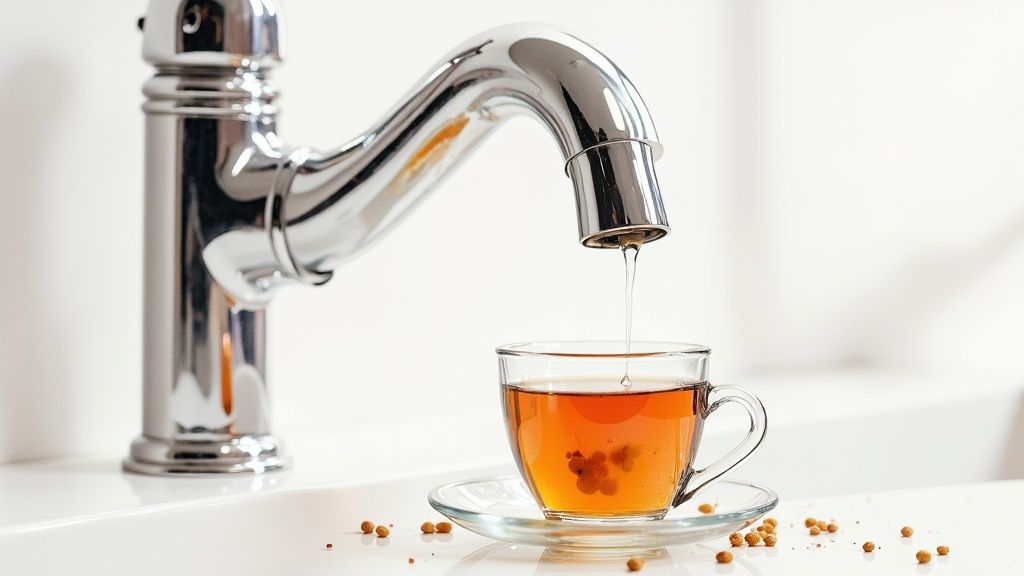 Discolored water from a rusty chrome faucet drips into a teacup with berries, suggesting water quality issues.