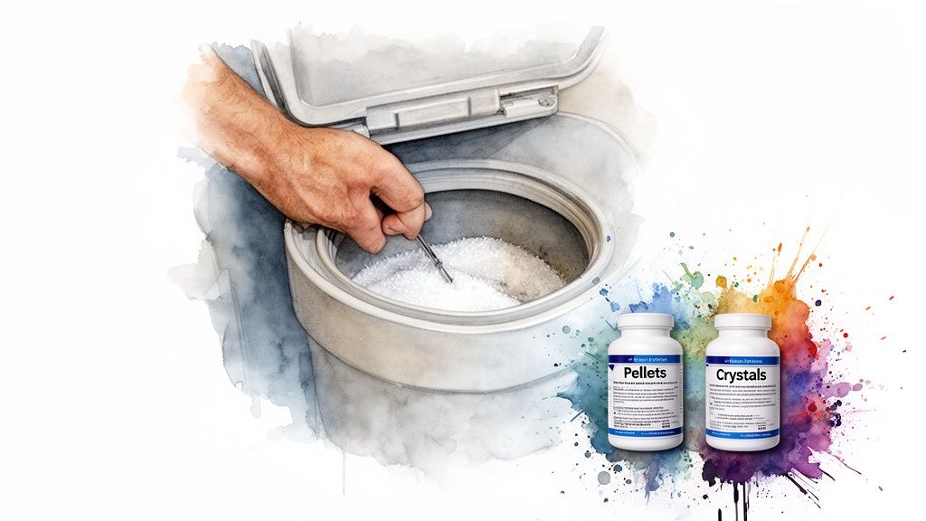 A hand stirs white pellets in a water softener unit, with product bottles labeled 'Pellets' and 'Crystals' nearby.