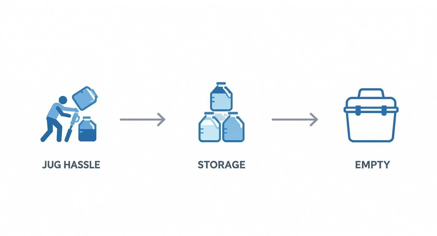 Diagram illustrating bottled water inconveniences: pouring jugs, storing full jugs, and dealing with empty jugs.