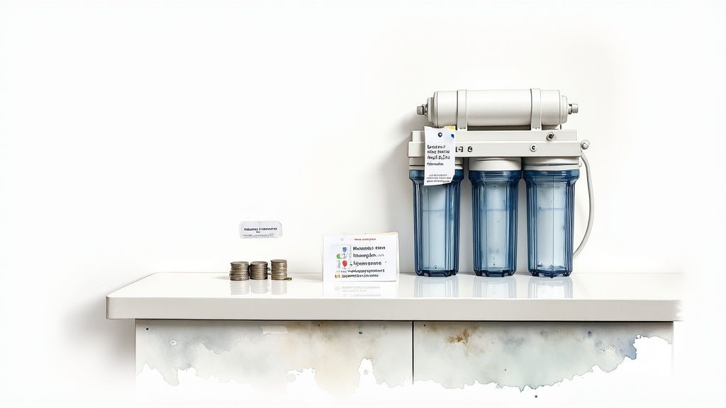A reverse osmosis water filter system on a white shelf, alongside stacks of coins and an informational card.