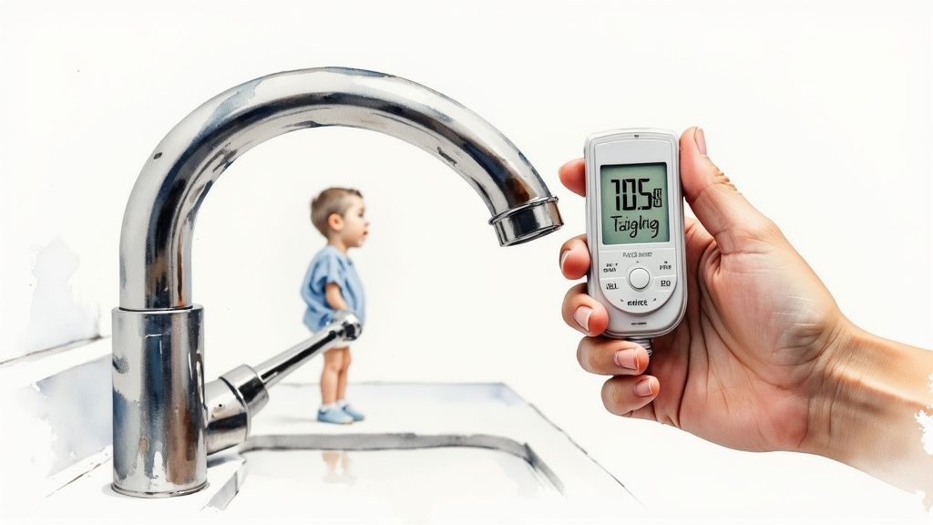A hand holds a water quality tester displaying '70.5 Taiging' near a large faucet and a curious child.