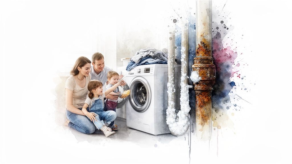 A family loads clothes into a washing machine next to pipes showing rust and scale buildup.