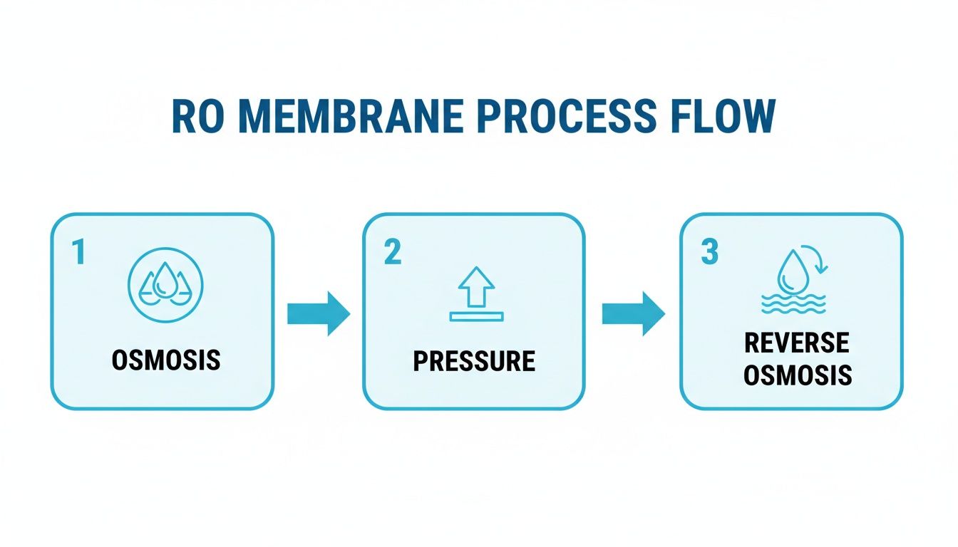 Diagram illustrating the three-step RO membrane process flow: osmosis, pressure, and reverse osmosis.