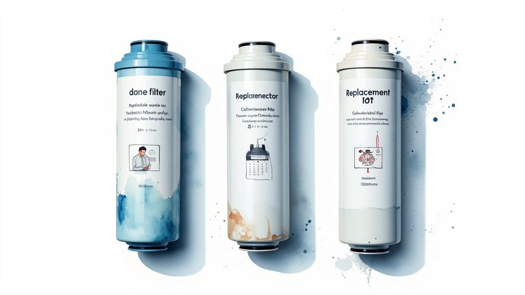 Three water filters, 'done filter', 'Replanenector', and 'Replacement IoT', standing against a white background.