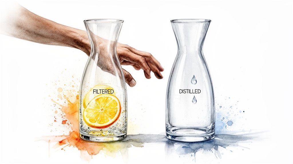 A hand reaches for filtered water with lemon slices, contrasting with an empty distilled water carafe.