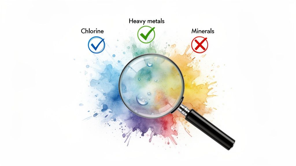 A magnifying glass over colorful watercolor splashes, indicating removal of chlorine and heavy metals while retaining minerals.
