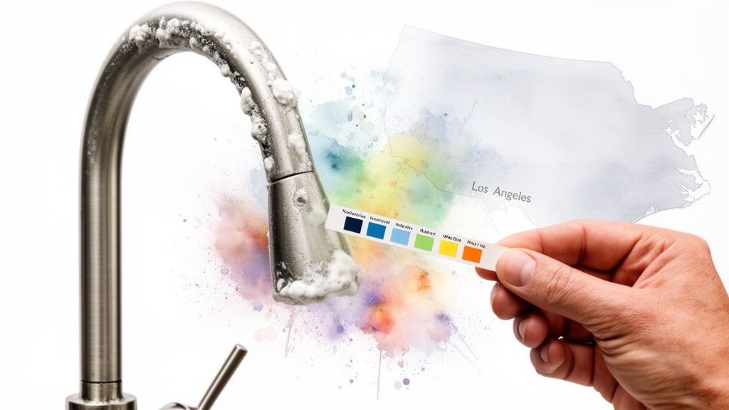 A hand holds a water hardness test strip near a calcified faucet, with a map of Los Angeles.