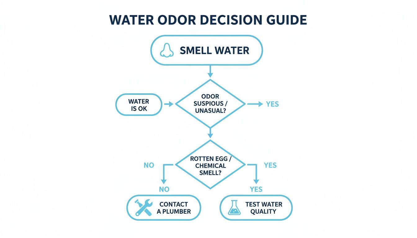 Flowchart guiding decisions on water odor, identifying suspicious, rotten egg, or chemical smells.