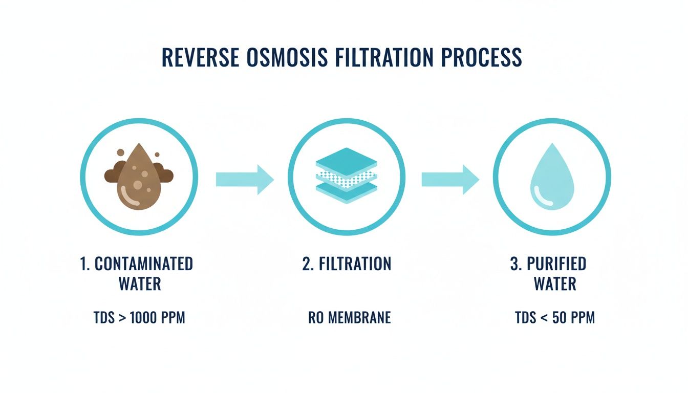 Diagram illustrating the reverse osmosis water filtration process, from contaminated water to purified water via an RO membrane.