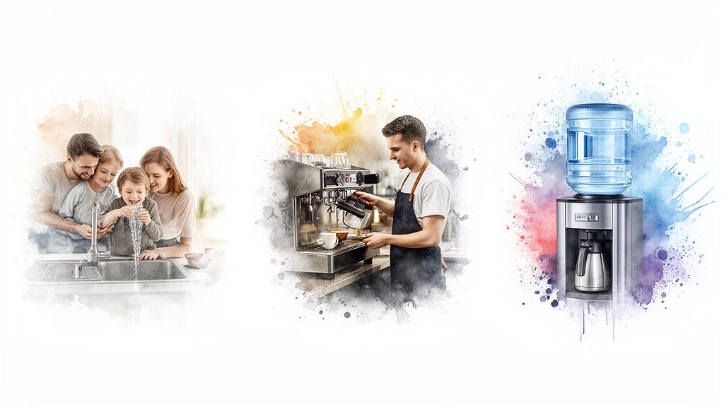 Three vignettes showing clean water use: a family at a sink, a barista making coffee, and a water dispenser.