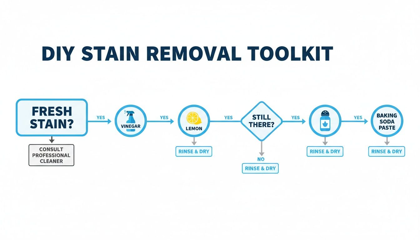 Flowchart illustrating a DIY stain removal toolkit using vinegar, lemon, and baking soda paste.