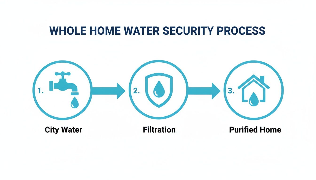 A diagram illustrating the whole home water security process: city water, filtration, and purified home.