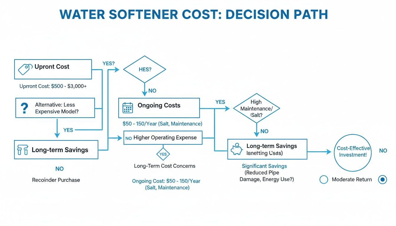 A flowchart outlining the water softener cost decision path, considering upfront costs, ongoing expenses, and long-term savings.