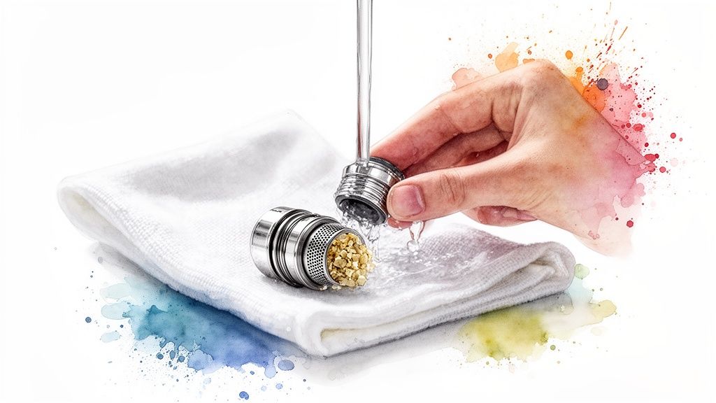 A hand cleaning a faucet aerator under running water, showing sediment inside on a white towel.