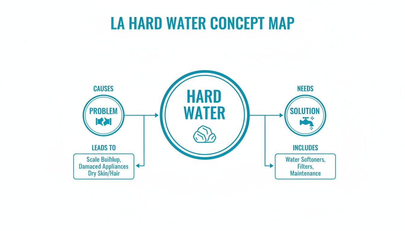 A concept map illustrating the problems caused by hard water and solutions like water softeners and filters.