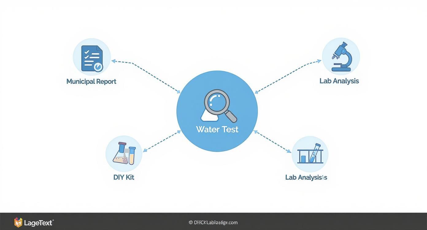 Infographic showing the different methods of water testing, with a central hub for 'Water Test' connecting to 'Municipal Report', 'DIY Kit', and 'Lab Analysis'.