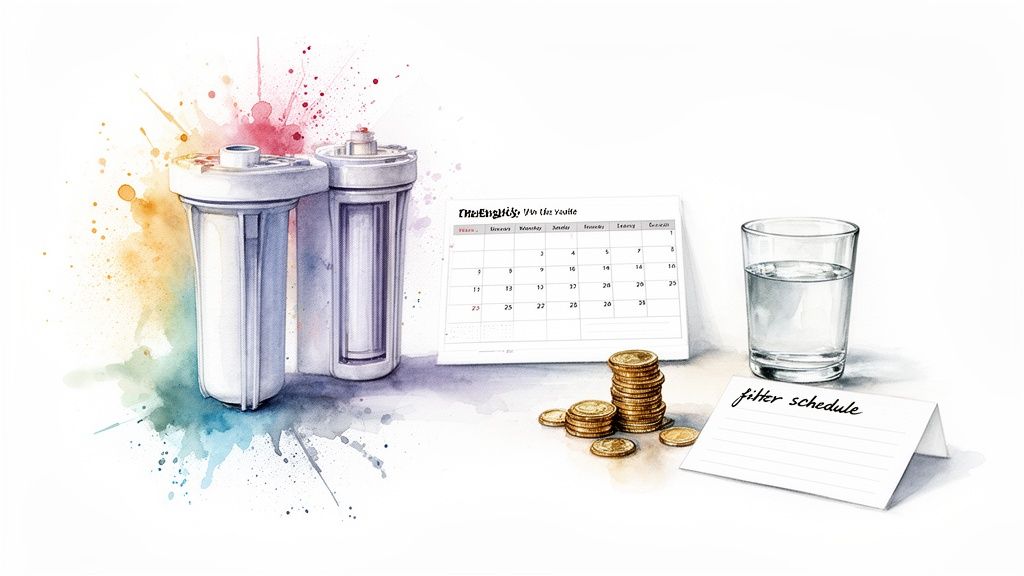 Two water filters, a calendar, stacked coins, a glass of water, and a 'filter schedule' note.