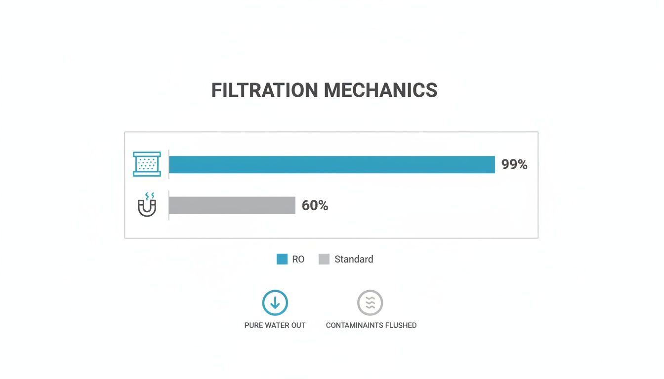 Bar chart showing water filtration mechanics: RO achieves 99% purity, Standard 60%. Pure water out, contaminants flushed.