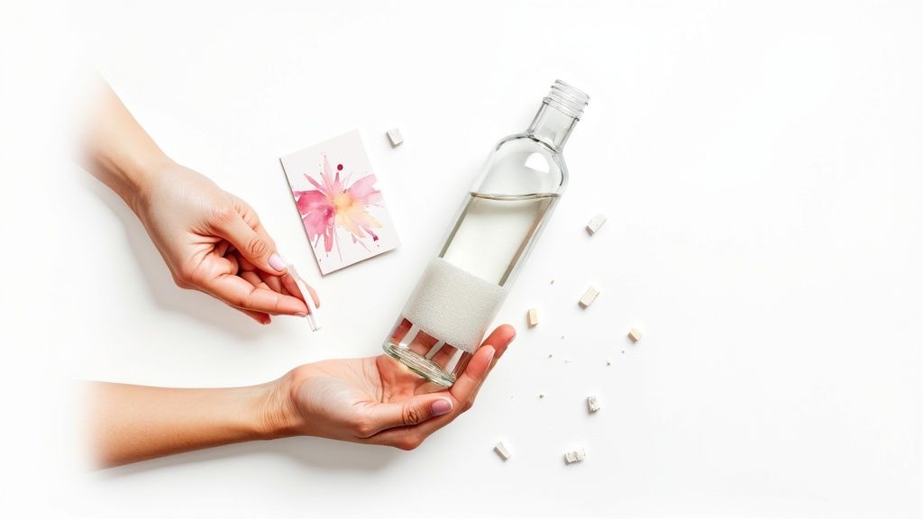 Hands holding a bottle of clear liquid and a small tube for a water test.