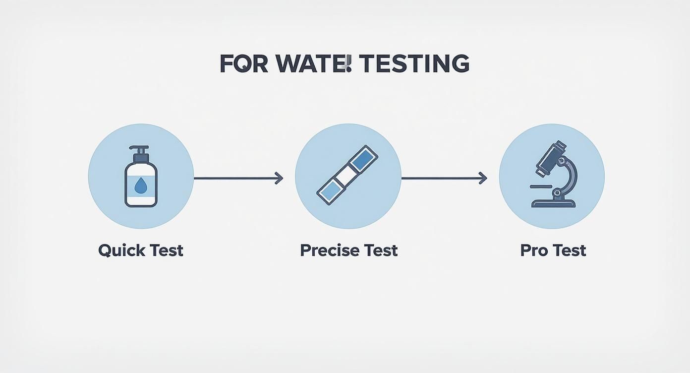 Infographic illustrating a three-tier water testing process with quick, precise, and professional steps.