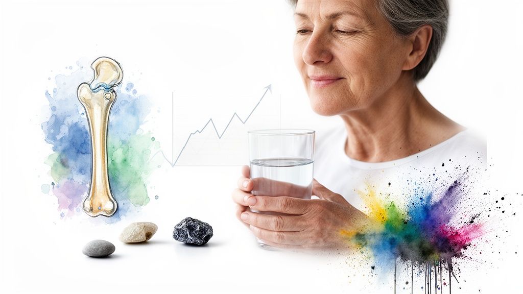 Smiling older woman with water, beside bone art, rising graph, and vibrant color powder splash.