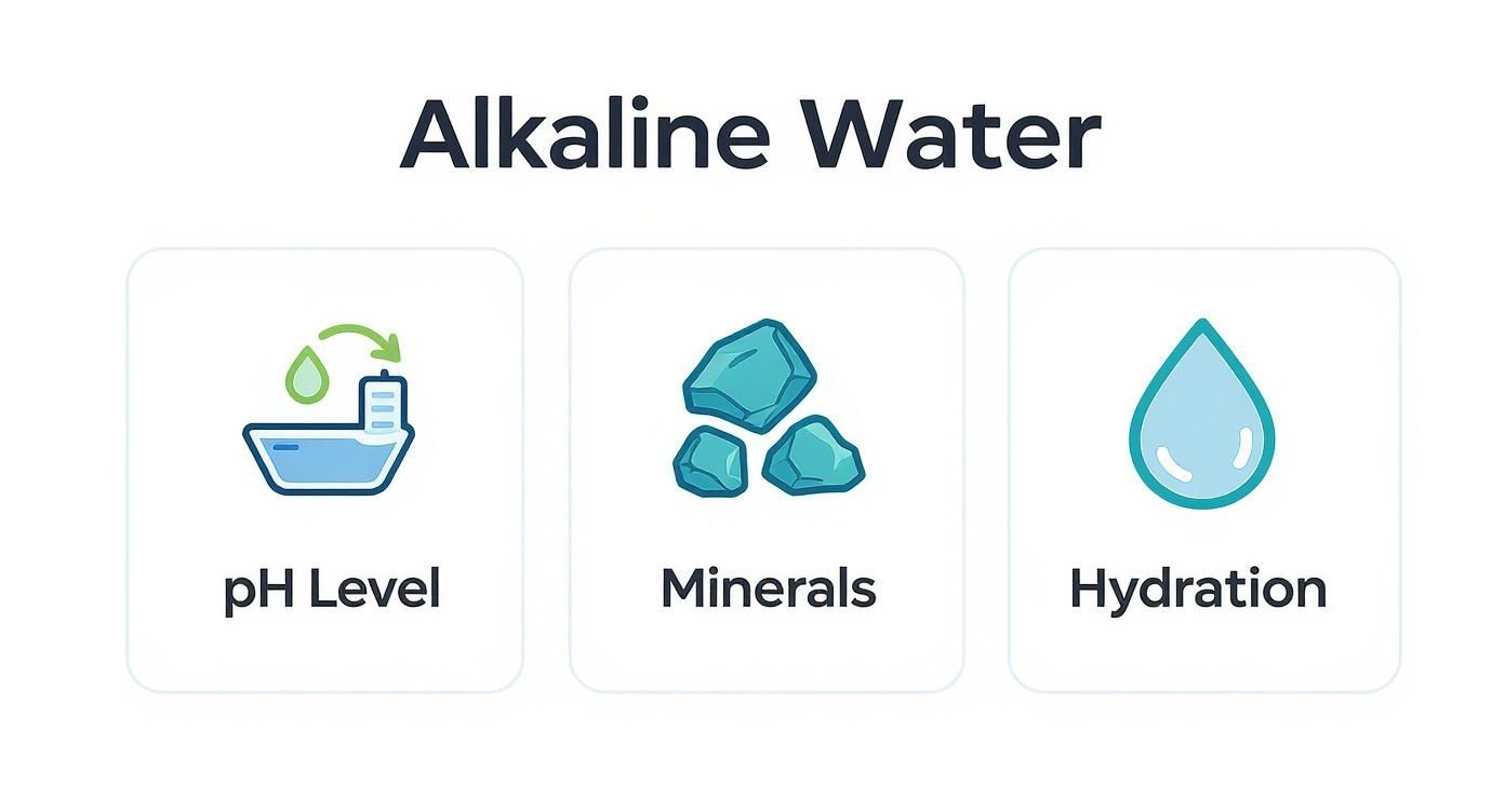 Alkaline water benefits infographic showing pH level testing, mineral content, and hydration properties with icons
