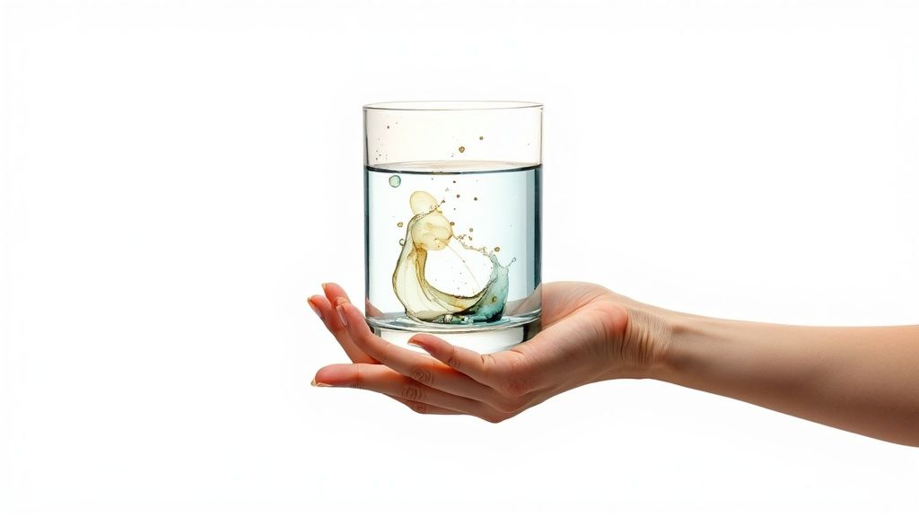 A hand gently holds a glass of water with a colorful liquid splashing and mixing inside.