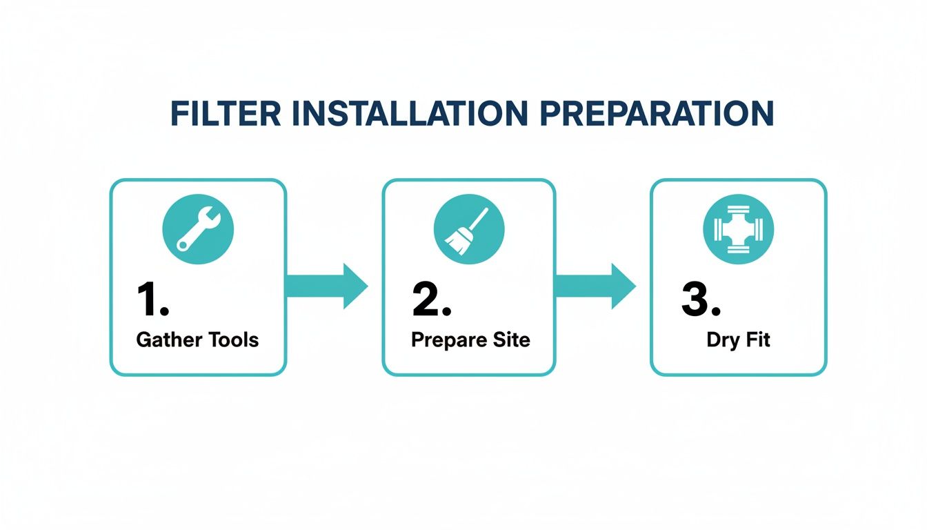 A visual guide showing three steps for filter installation preparation: 1. Gather Tools, 2. Prepare Site, 3. Dry Fit.